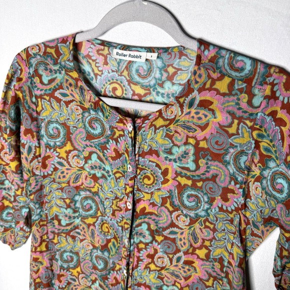 Roller Rabbit Midi Dress Sz S Gauze Cotton Duster Paisley Pockets Boho Button - Picture 2 of 15